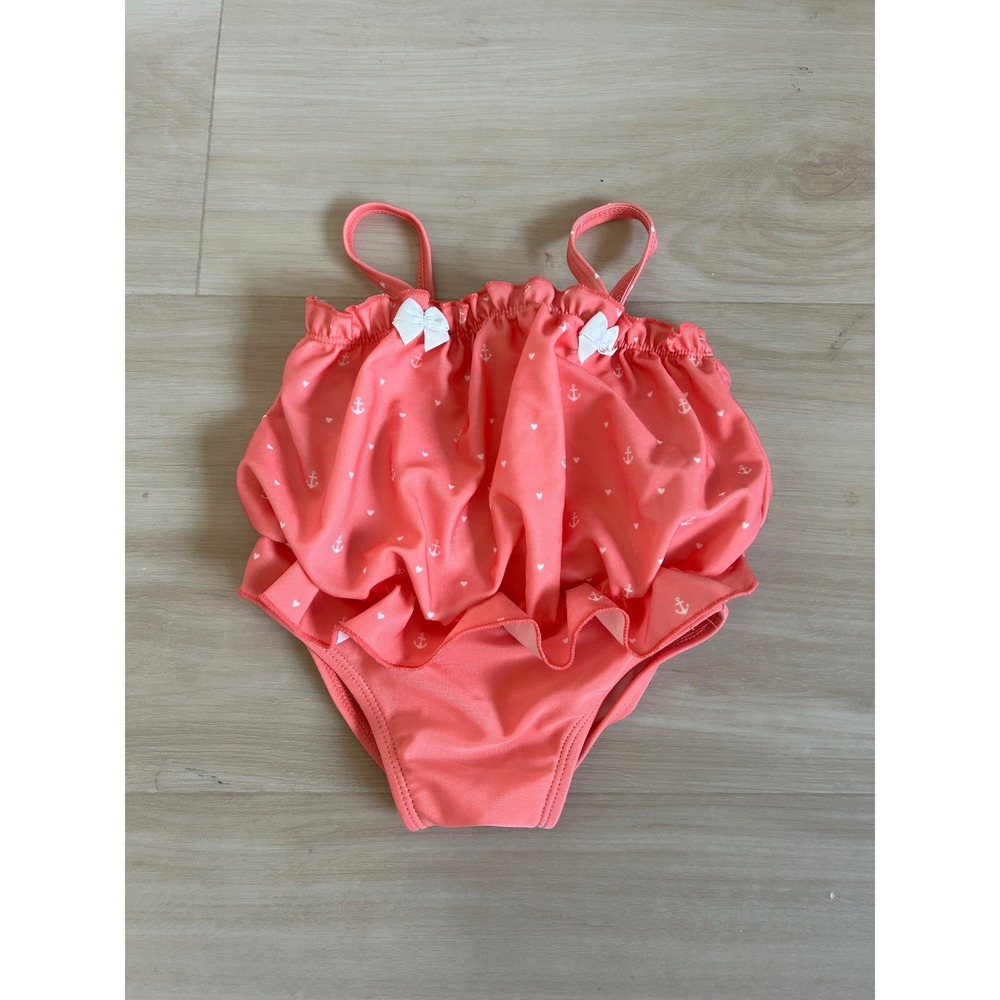 Janie and Jack Girls Coral Pink Anchor Heart Ruffle One Piece Swimsuit 3-6 Month